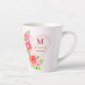 ピンクの水彩画のバラの花のモノグラムイニシャル カフェラテマグ (右)