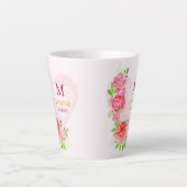 ピンクの水彩画のバラの花のモノグラムイニシャル カフェラテマグ (正面)