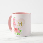 ピンクの水彩画のバラの花のモノグラムイニシャル マグカップ (正面左)