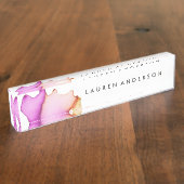 ピンクの水彩画のパーソナライズな机の名札 デスクネームプレート (側面)