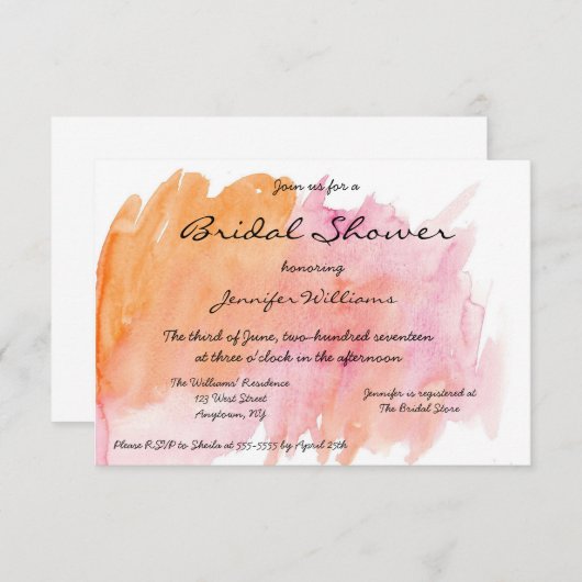 ピンクの水彩画のブライダルシャワー招待状 招待状 (正面/裏面)