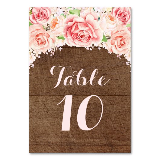 ピンクの水彩画のブラウンの木製のテーブル数カード テーブルナンバー (正面)