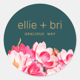 ピンクの水彩画のマグノリアの花のターコイズ ステッカー