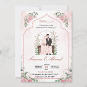 ピンクの水彩画のムスリム結婚式招待状カード 招待状 (正面)