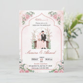 ピンクの水彩画のムスリム結婚式招待状カード 招待状 (スタンド正面)