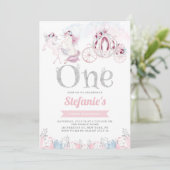 ピンクの水彩画のユニコーンのおとぎ話の最初誕生日 招待状 (スタンド正面)