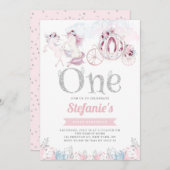 ピンクの水彩画のユニコーンのおとぎ話の最初誕生日 招待状 (正面/裏面)