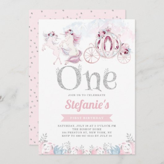 ピンクの水彩画のユニコーンのおとぎ話の最初誕生日 招待状 (正面/裏面)