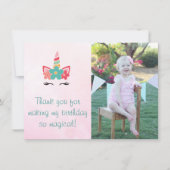 ピンクの水彩画のユニコーンの写真のサンキューカード サンキューカード (正面)