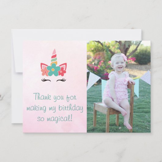 ピンクの水彩画のユニコーンの写真のサンキューカード サンキューカード (正面)