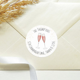 ピンクの水彩画のリターンアドレスのシャンパンフルート ラウンドシール