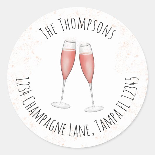 ピンクの水彩画のリターンアドレスのシャンパンフルート ラウンドシール (正面)