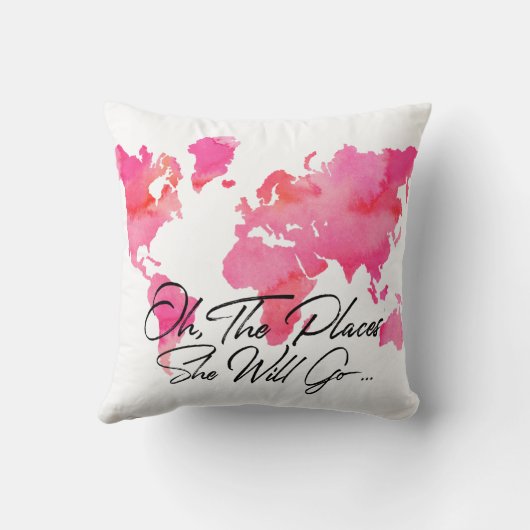 ピンクの水彩画の場所彼女は旅行引用文行きます クッション (裏面)