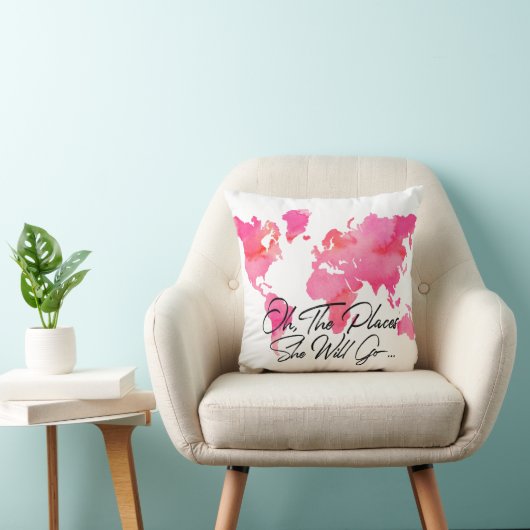 ピンクの水彩画の場所彼女は旅行引用文行きます クッション (椅子)