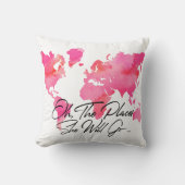 ピンクの水彩画の場所彼女は旅行引用文行きます クッション (正面)