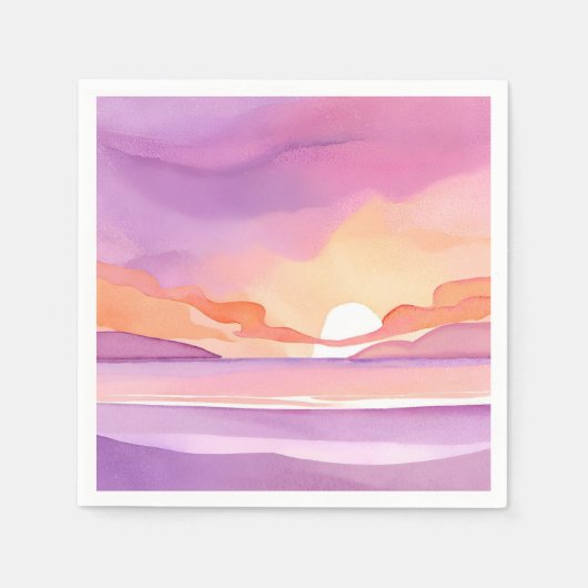 ピンクの水彩画の夕焼け｜美しい海の空 スタンダードカクテルナプキン (正面)