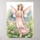 ピンクの水彩画の妖精がワイルドフラワーの草原の壁 ポスター (正面)