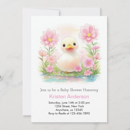 ピンクの水彩画の子ガモのファンシーな女の子のベビーシャワー 招待状 (正面)