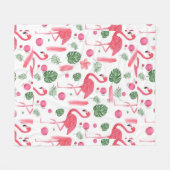 ピンクの水彩画の熱帯エレガントなフラミンゴの花柄 フリースブランケット (正面(横))