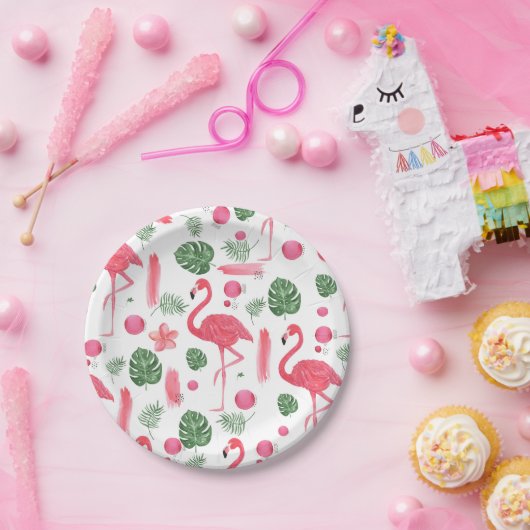 ピンクの水彩画の熱帯エレガントなフラミンゴの花柄 ペーパープレート (パーティー)