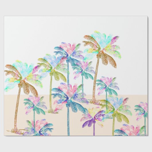 ピンクの水彩画の熱帯ハワイのヤシの木 ラッピングペーパー (フラット)