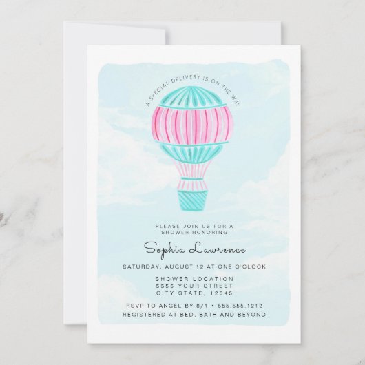 ピンクの水彩画の熱気の気球のベビーシャワー 招待状 (正面)