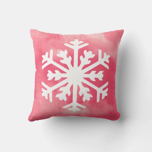 ピンクの水彩画の背景の白い雪片 クッション (裏面)