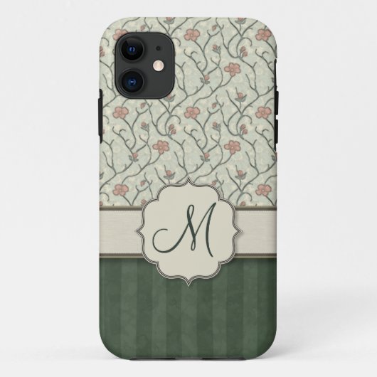 ピンクの水彩画の花のつる植物、ストライプおよびモノグラム Case-Mate iPhoneケース (裏面)