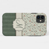 ピンクの水彩画の花のつる植物、ストライプおよびモノグラム Case-Mate iPhoneケース (裏面(横))