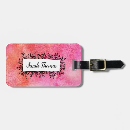 ピンクの水彩画の花のパーソナライズな荷物のラベル ラゲッジタグ (正面横)
