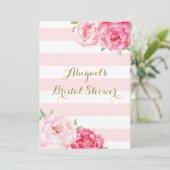 ピンクの水彩画の花のブライダルシャワーを縞で飾ります 招待状 (スタンド正面)