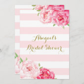ピンクの水彩画の花のブライダルシャワーを縞で飾ります 招待状 (正面/裏面)