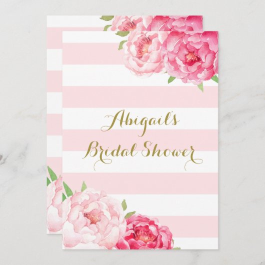 ピンクの水彩画の花のブライダルシャワーを縞で飾ります 招待状 (正面/裏面)