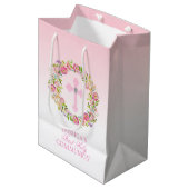 ピンクの水彩画の花の女の子の最初聖餐式 ミディアムペーパーバッグ (正面アングル)