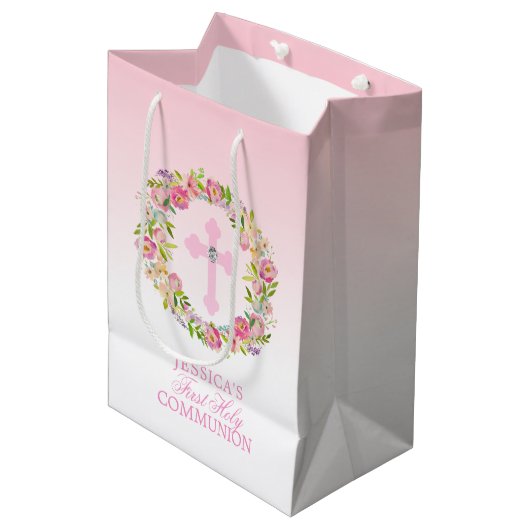 ピンクの水彩画の花の女の子の最初聖餐式 ミディアムペーパーバッグ (正面アングル)