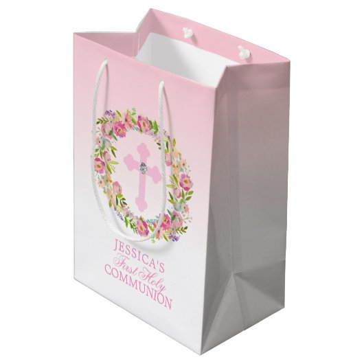 ピンクの水彩画の花の女の子の最初聖餐式 ミディアムペーパーバッグ (裏面アングル)