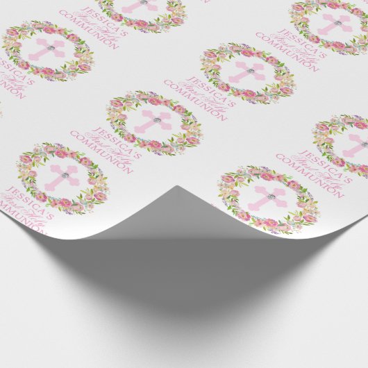 ピンクの水彩画の花の女の子の最初聖餐式 ラッピングペーパー (角)