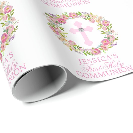 ピンクの水彩画の花の女の子の最初聖餐式 ラッピングペーパー (ロールコーナー)