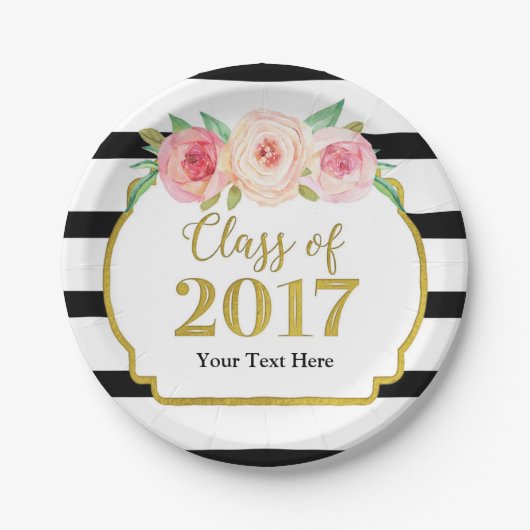 ピンクの水彩画の花の金ゴールドの卒業2017年 ペーパープレート (正面)