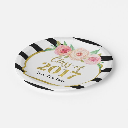 ピンクの水彩画の花の金ゴールドの卒業2017年 ペーパープレート (アングル)