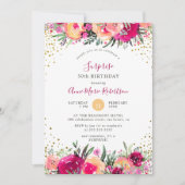 ピンクの水彩画の花の驚きの誕生会 招待状 (正面)