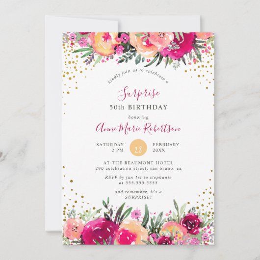 ピンクの水彩画の花の驚きの誕生会 招待状 (正面)