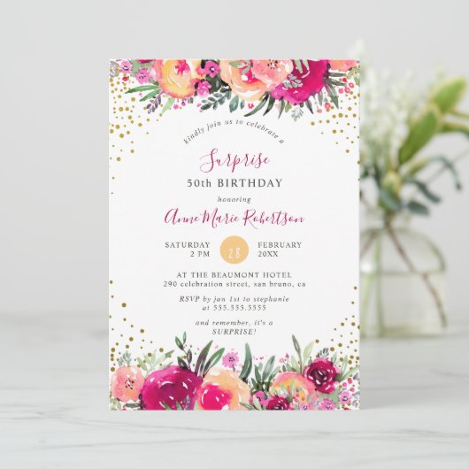 ピンクの水彩画の花の驚きの誕生会 招待状 (スタンド正面)