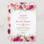 ピンクの水彩画の花の驚きの誕生会 招待状 (正面/裏面)