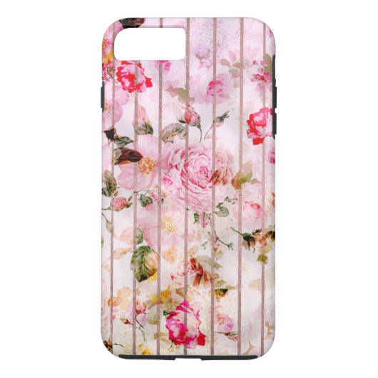 ピンクの水彩画の花柄のばら色の金ゴールドのストライプなパターン Case-Mate iPhoneケース (裏面)