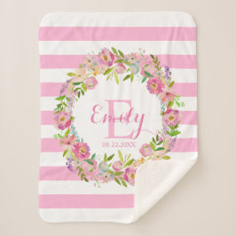 ピンクの水彩画の花柄のストライプな女の子の子供部屋のベビー シェルパブランケット
