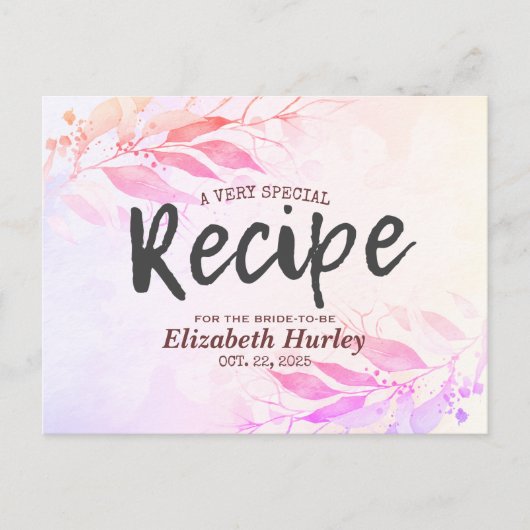 ピンクの水彩画の葉の花のブライダルシャワーレシピ インビテーションポストカード (正面)