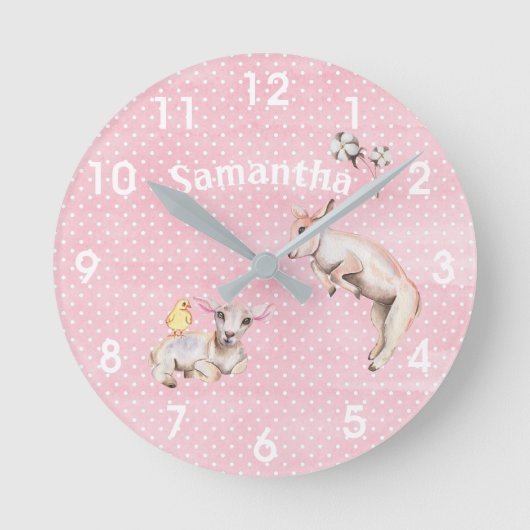 ピンクの水彩画の跳ねる羊の幼児部屋 ラウンド壁時計 (正面)