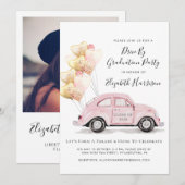 ピンクの水彩画の車でドライブバイ卒業パーティー 招待状 (正面/裏面)