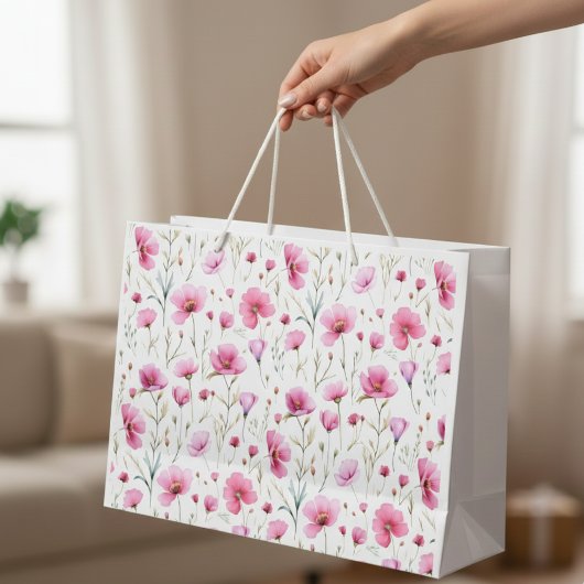 ピンクの水彩画の野の花  ラージペーパーバッグ